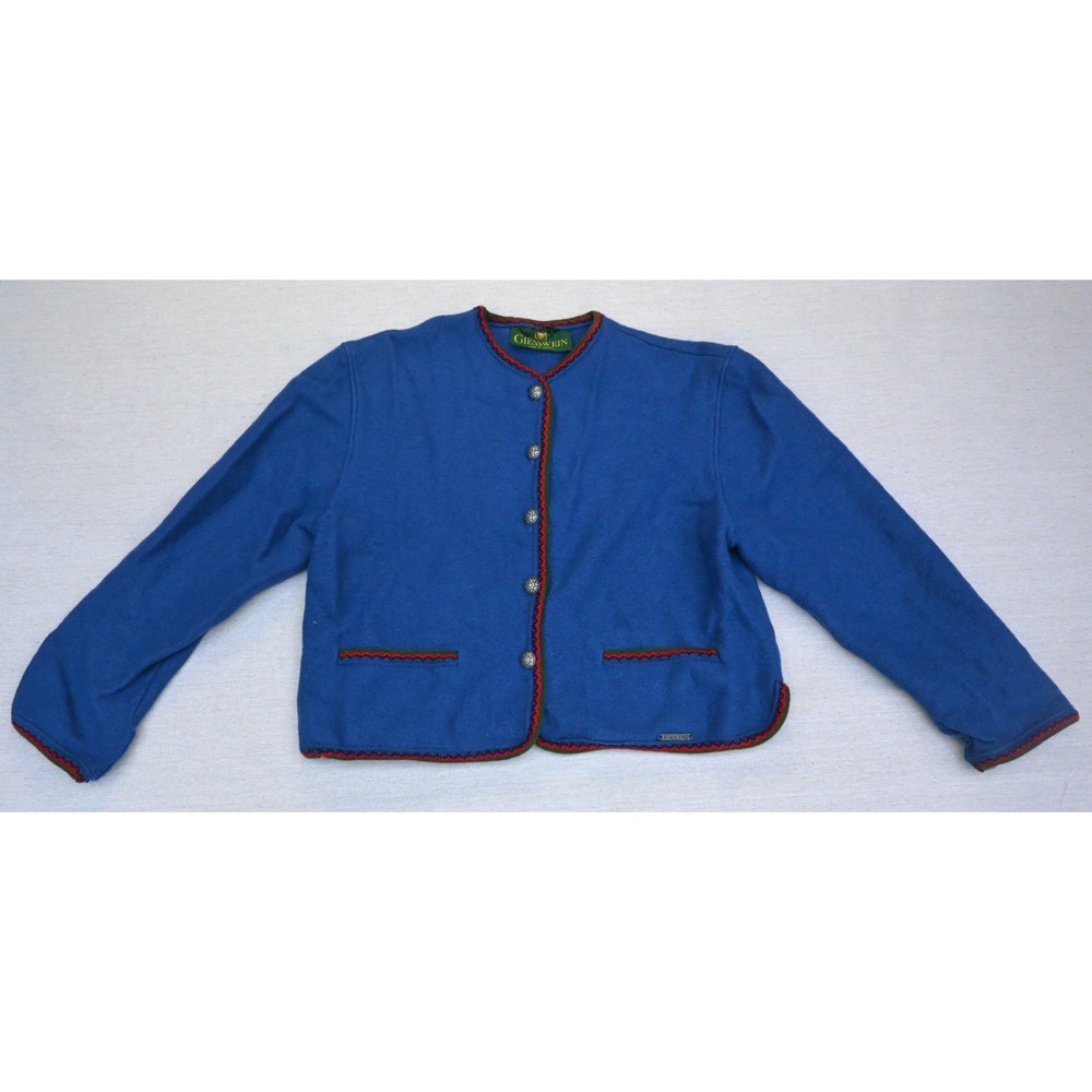 Giesswein Womens 42 Austria 100% Boiled Wool Cropped Jacket Blue Alpine Braid